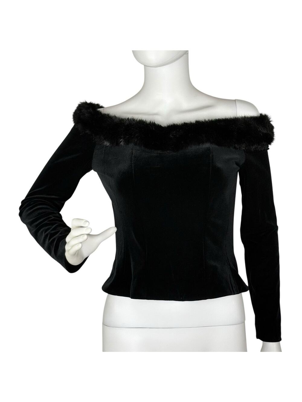 Y2K Velvet Top Corset Faux Fur Off Shoulder Back Zip Glam Goth Black Size S